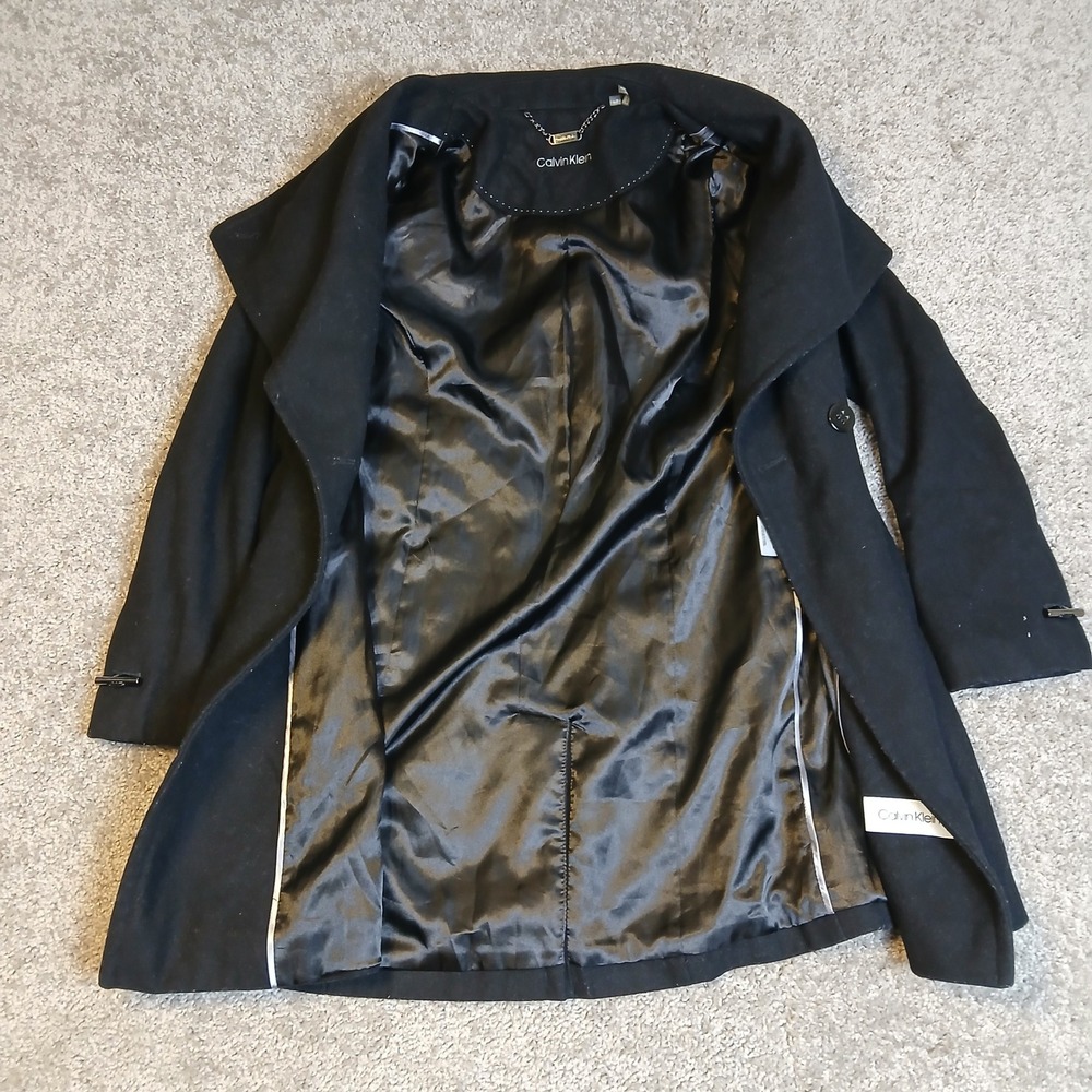 Calvin Klein Womens Black Wool Blend Wing Collar Peacoat Jacket PS Petite Small - Picture 4 of 11